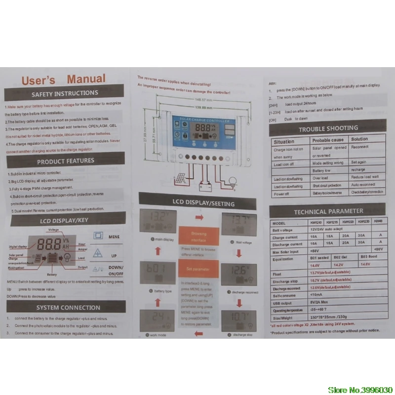 PWM 10/20/30A Dual USB Панели солнечные Батарея регулятор заряда аккумулятора 12/24V ЖК-дисплей