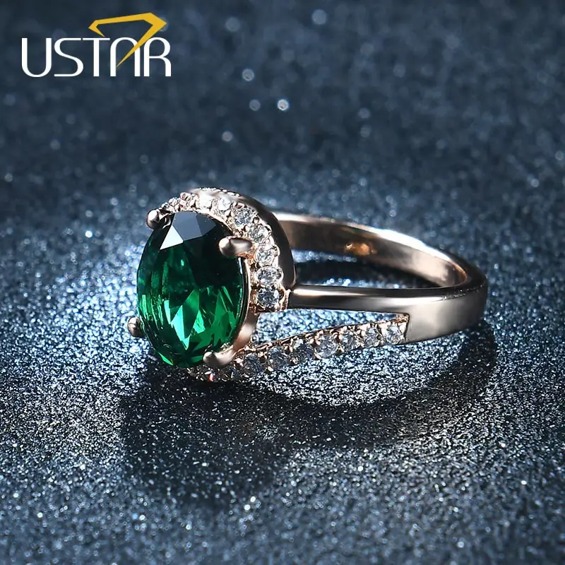 USTAR, Овальные, зеленые, 2.0ct, CZ Кристаллы, свадебные кольца для женщин, микро проложили 30 шт., AAA циркон, женские кольца для помолвки, anel bague femme