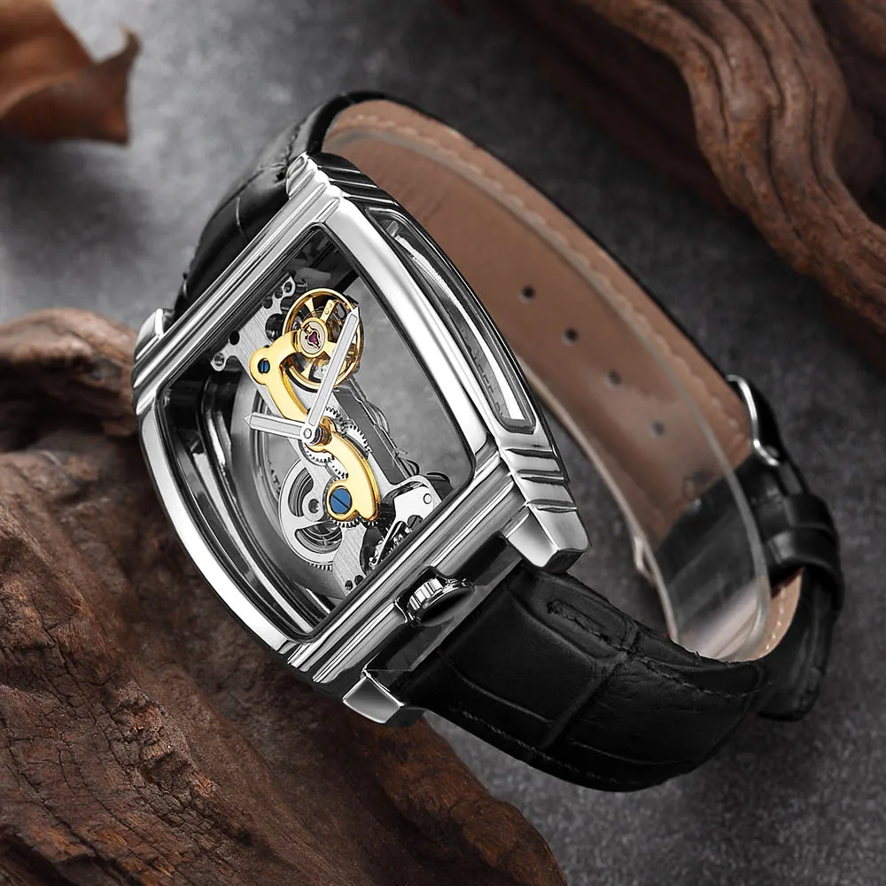 Mechanical watch 5 Прозрачные автоматические механические часы для мужчин стимпанк Скелет Роскошные шестерни с автоматическим заводом Кожа Мужские часы montre homme - Цвет: Mechanical watch 5