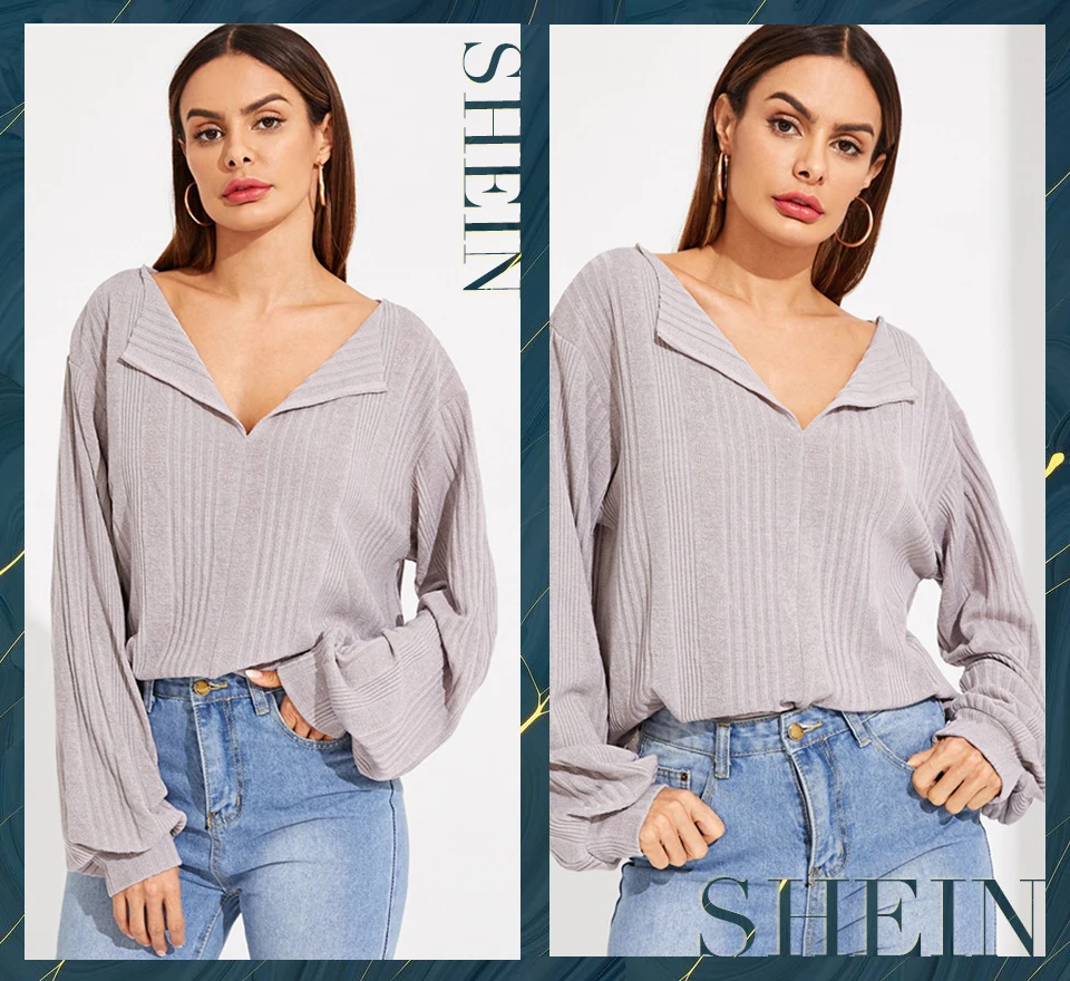 SHEIN Трикотажная Блуза С Глубоким Вырезом, Однотонный Джемпер С Длинным Рукавом
