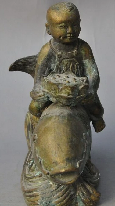 787 + 7 &quotСтарый китайский латунный по феншуй мальчик лад кататься рыбы держать