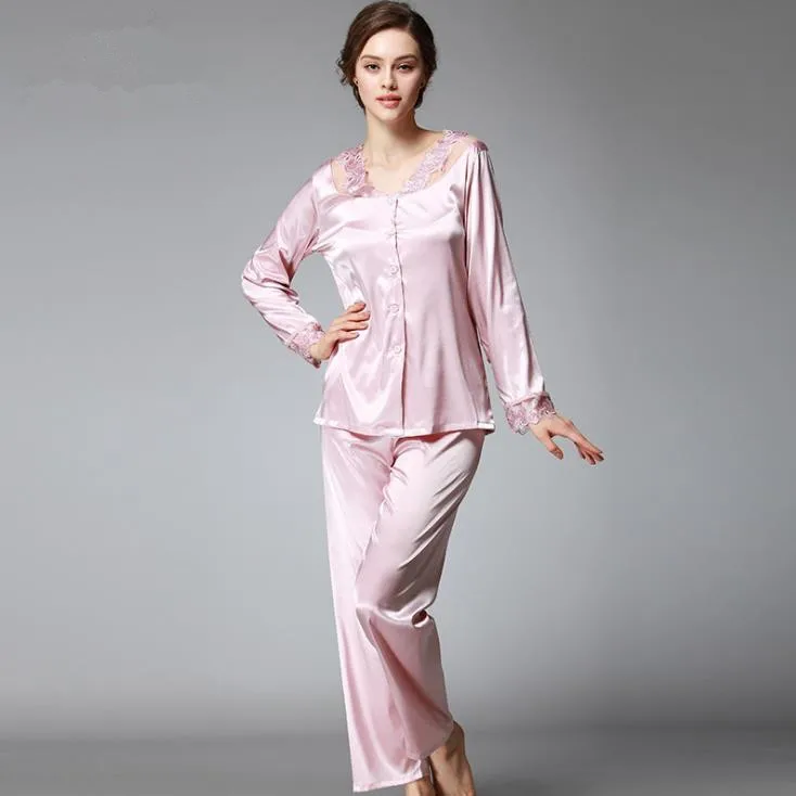 pale pinkish purple Daeyard Женская шелковая пижама Наборы весна лето осень женские кружевные вышитые атласные пижамы с длинным рукавом пижамы Домашняя одежда - Цвет: pale pinkish purple