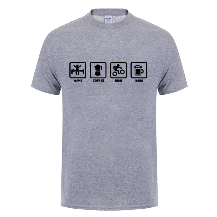 Wake Coffee Ride Beer Bicycle T-Shirt Funny Birthday Gift For Men Dad Father Husband Summer Short Sleeve O Neck Cotton T Shirt | Мужская