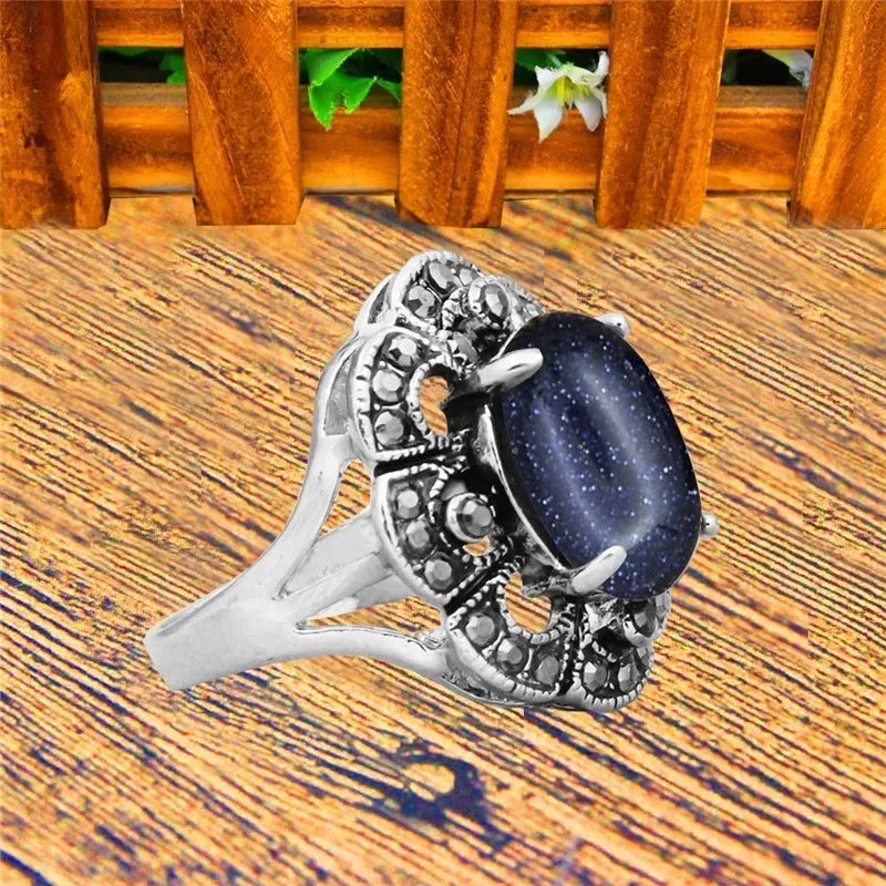 Oval Sequins Blue Stone Rings For Women Vintage Look Antique Silver Plated Rhinestone Plum Flower Fashion Jewelry TR691 | Украшения и
