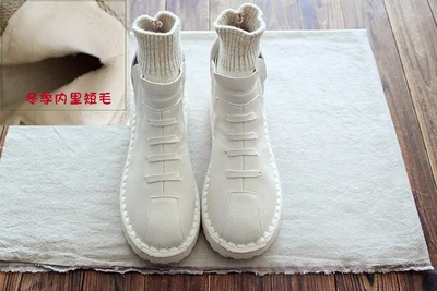 2018 autumn and winter new wool round head warm waterproof flat soft bottom art retro short boots ankle women's shoes | Обувь