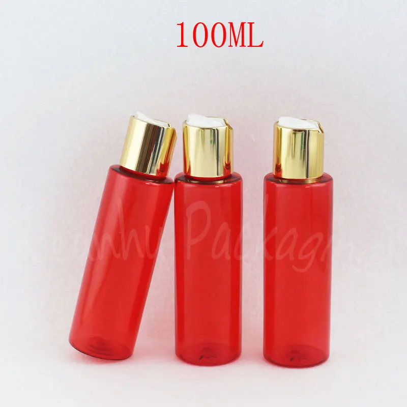 100ML Red Plastic Bottle With Gold Disc Top Cap ,100CC Shampoo / Lotion Packaging Bottle , Empty Cosmetic Container