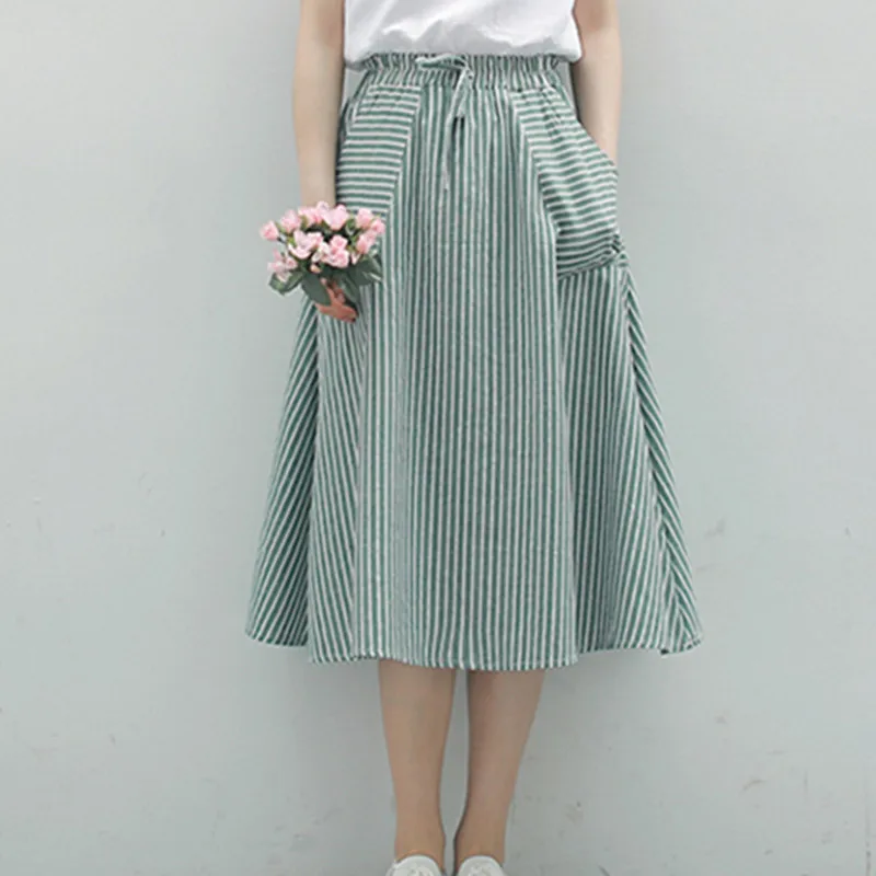 

Spring Summer Women Vertical stripes Skirts Casual Loose Cotton Linen Female With Pockets Vintage Elastic waist lacing Skirts