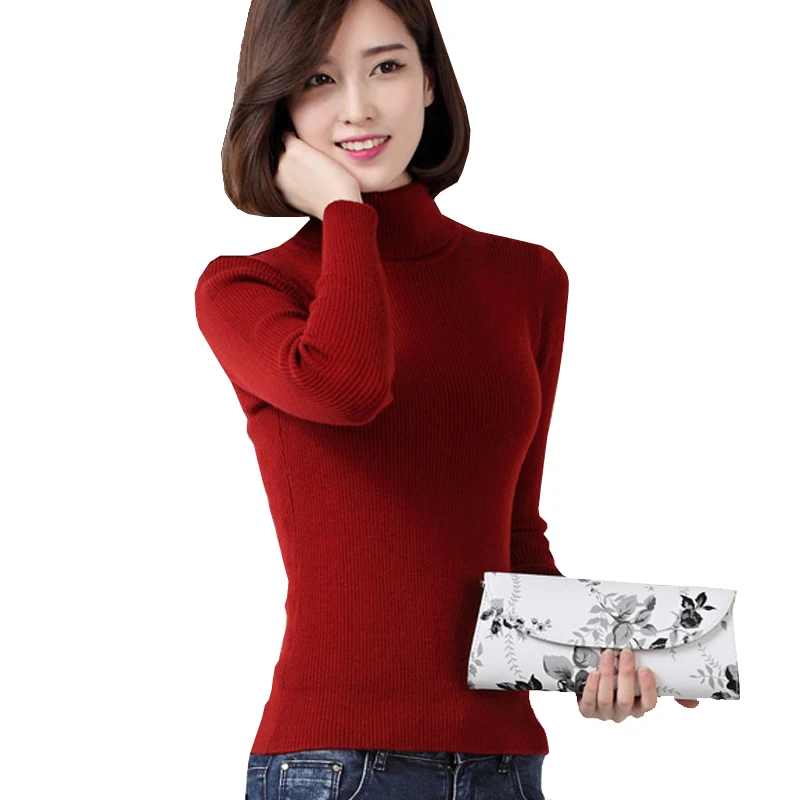 Slim fit cashmere rib jumpers for women winter thick high neck sweaters ladies black white red grey khaki turtleneck knitwear | Женская