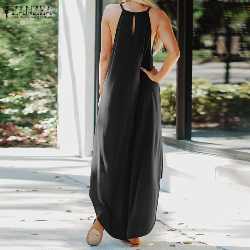 Женское повседневное пляжное платье с лямкой на шее S 5XL ZANZEA свободное однотонное