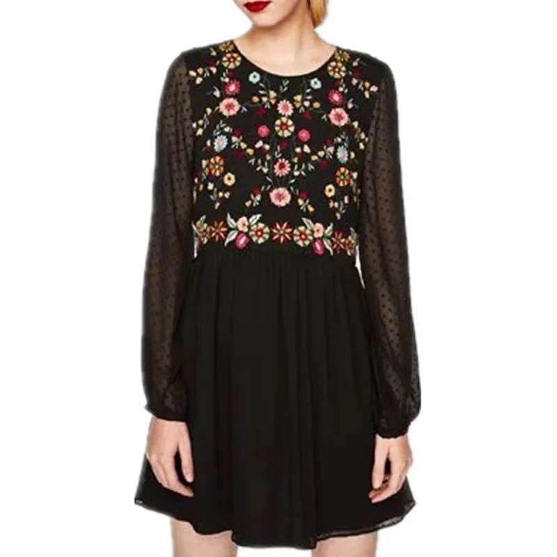2017 Floral Embroidery Dress Women Lace Dresses Autumn O-Neck Hihg waist | Женская одежда
