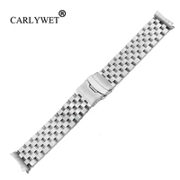 carlywet 22mm silver hollow curved end solid links replacement watch band strap bracelet double push clasp for seiko