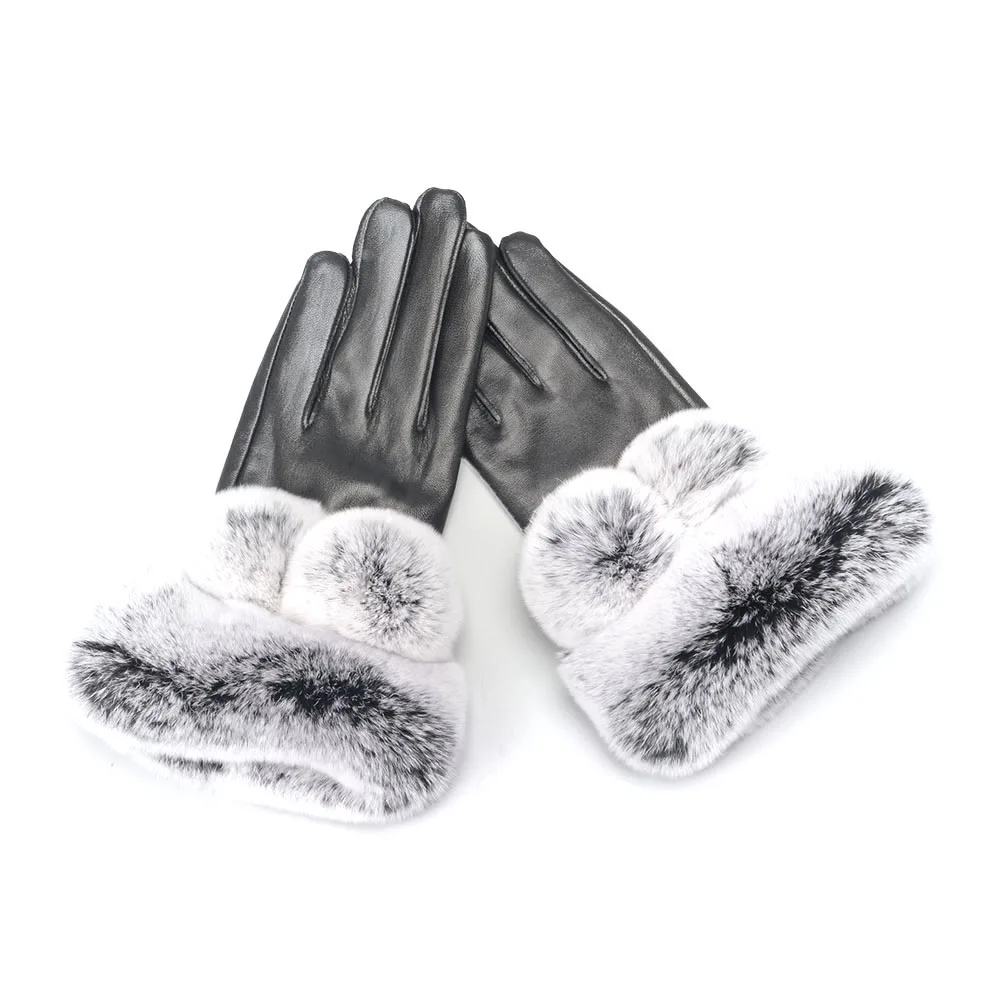 Black Jancoco Max Прихватки для мангала для женщин сенсорный экран Зимние теплые из натуральной овечьей кожи Rex помпоны из кроличьего меха S2035 - Цвет: Black