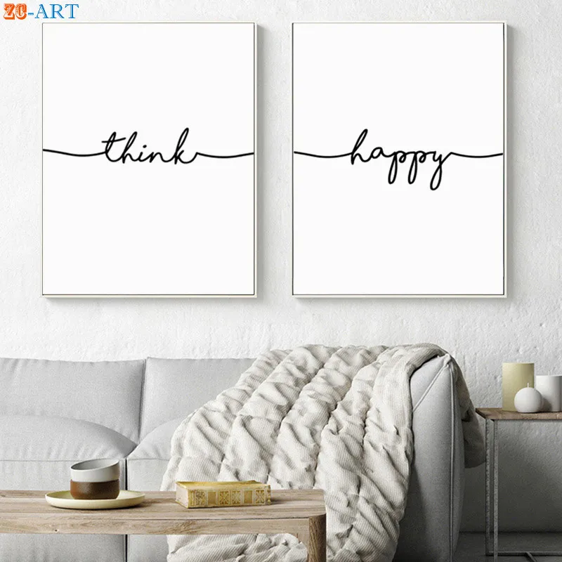 Think Happy холст живопись цитаты плакаты и принты черно-белые стены Искусство