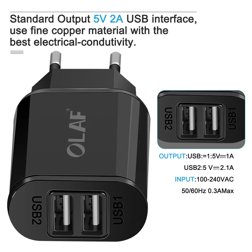 Сетевое зарядное устройство OLAF с USB портом 5 В 2 А для iPhone Xs mxs 8 7 iPad Samsung S9 Xiaomi Mi