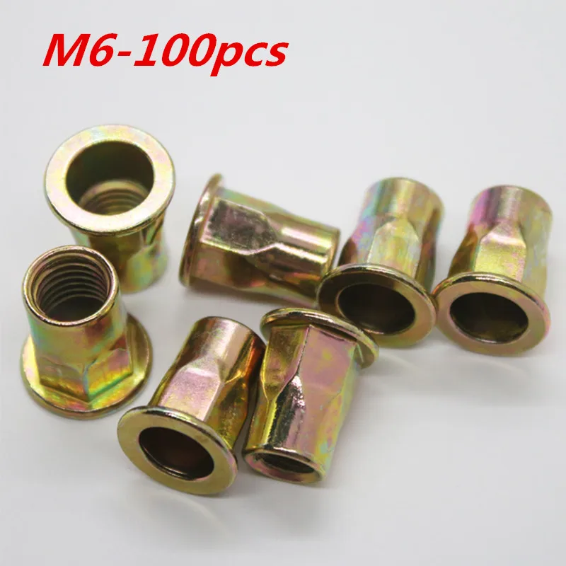 

100pcs/lot M6 Rivet Nut carbon steel Flat head hex rivet nut Insert nut Blind rivet Rivnut free shipping