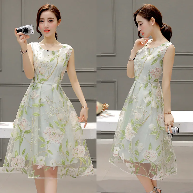 Новинка 2017 г. Платье без рукавов с рисунком органза маленький чистый и свежий