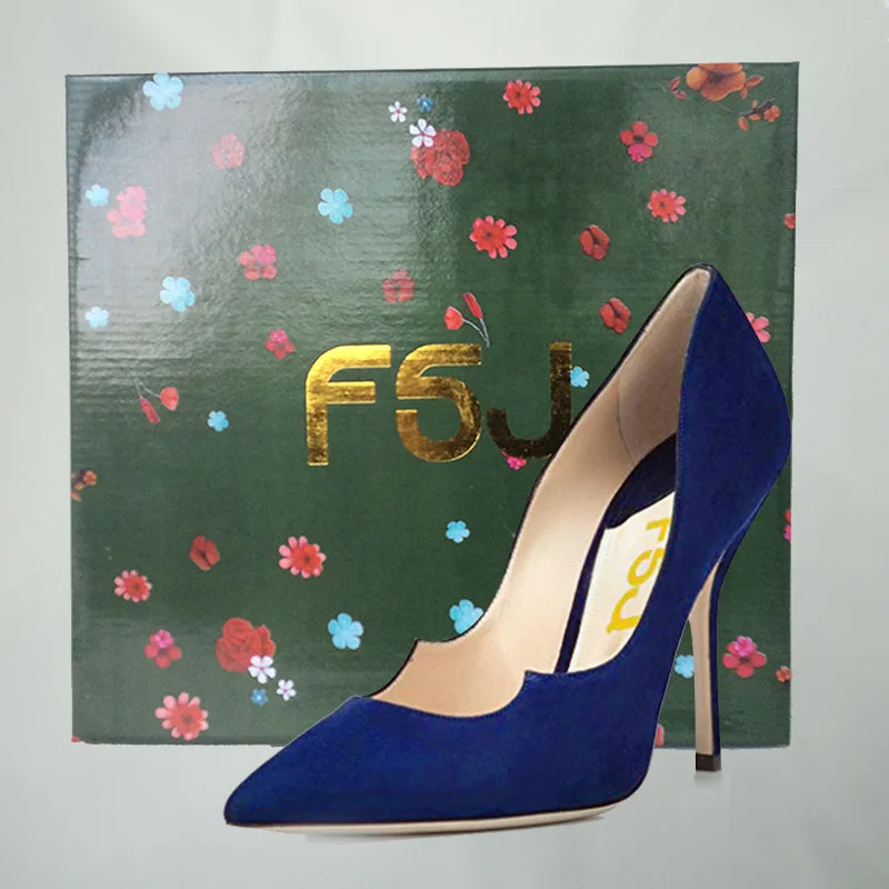 Туфли-лодочки женские на шпильке 8 см с острым носком без застежки синие замшевые