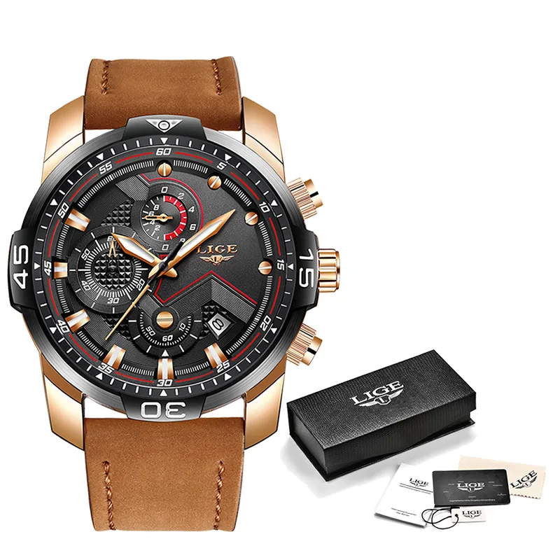 rose gold Full Black LIGE мужские s часы Топ бренд класса люкс военные спортивные часы мужские кожаные водонепроницаемые наручные аналоговые кварцевые часы Relogio Masculino - Цвет: rose gold Full Black