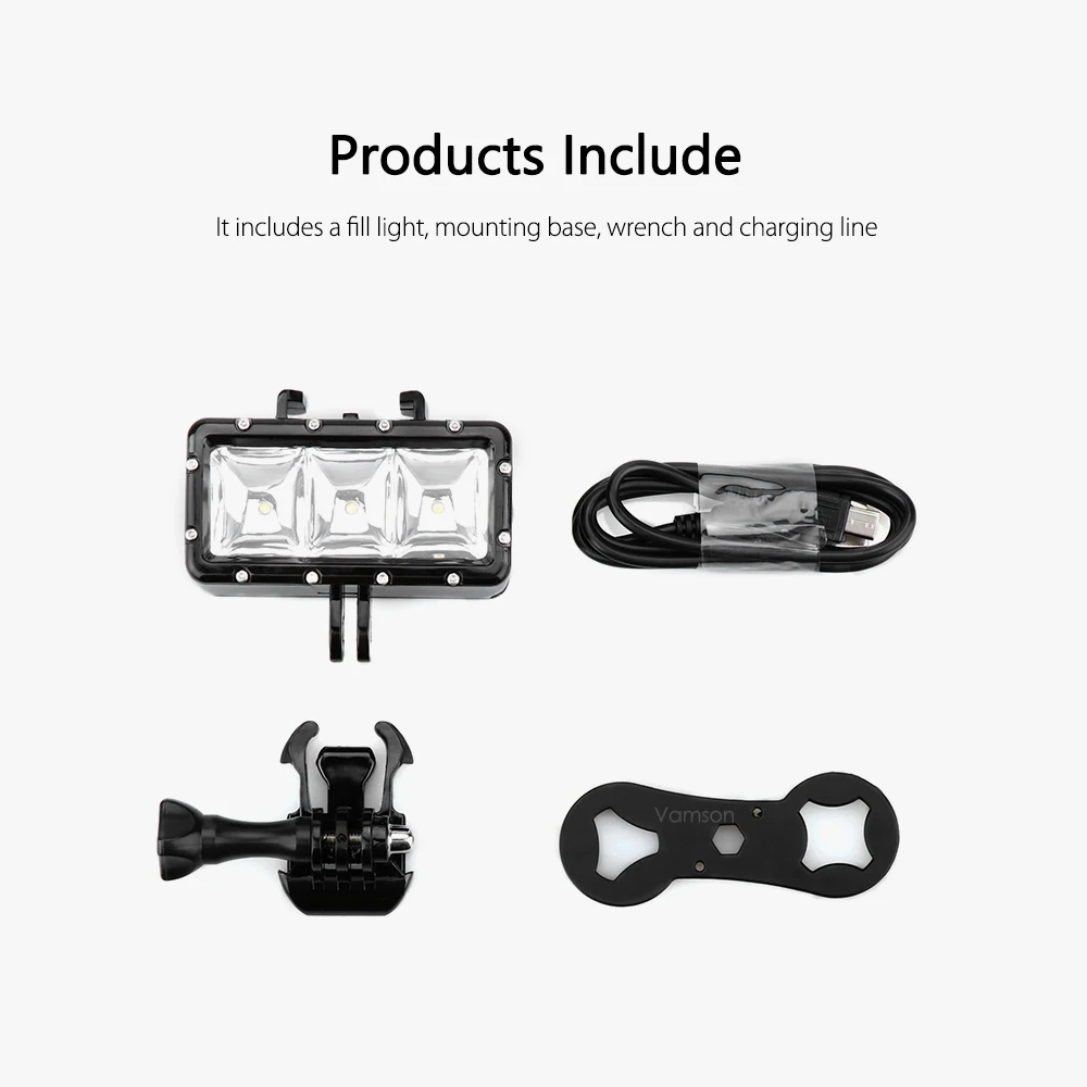 Vamson для Gopro Hero 6 5 4 3 подводный фонарик лампа Дайвинг Водонепроницаемый светодиодный фонарик крепление для SJCAM для Xiaomi YI VP702