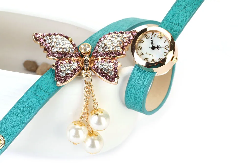 Повседневные женские часы с жемчугом и стразами браслет бабочка Кварцевая