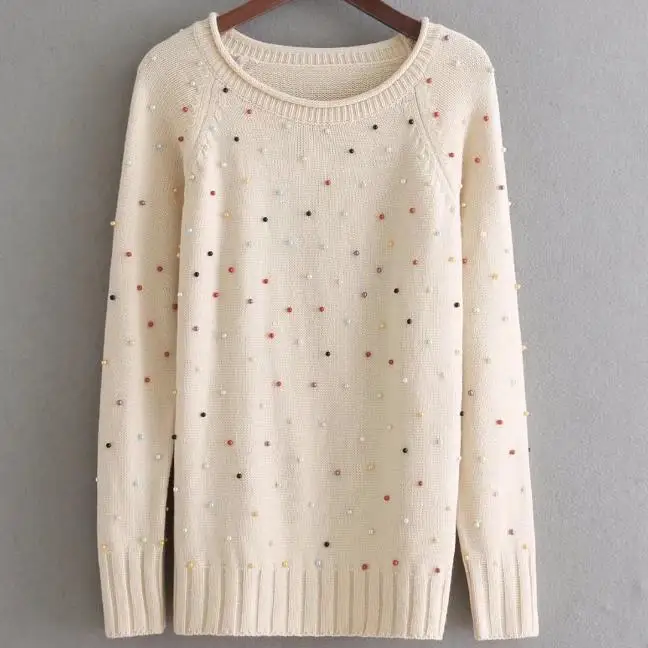 2018 autumn Women Sweater Pearl Beading long Sleeves Sweaters o-neck loose Knit Pullovers sweater | Женская одежда