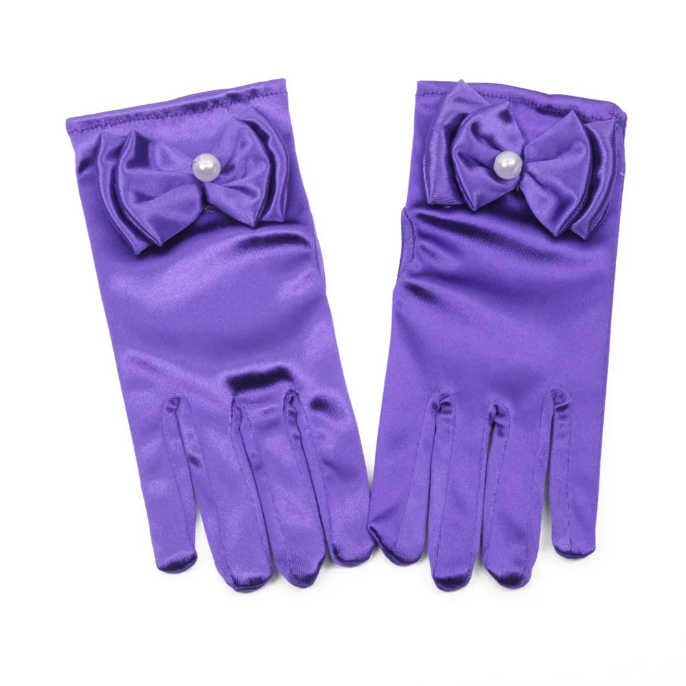 purple short Перчатки принцессы для девочек, Длинные Короткие перчатки, подарок на день рождения, свадебное платье, перчатки с бантом, аксессуары для костюма - Цвет: purple short