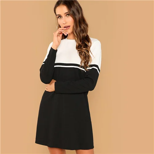 SHEIN Контрастное Повседневное Платье С Длинным Рукавом, Спортивное Платье Свободного Кроя - Цвет: Black and White