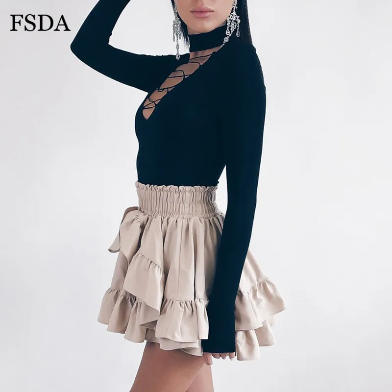 Женский хлопковый боди FSDA Черный Повседневный облегающий на шнуровке с длинным