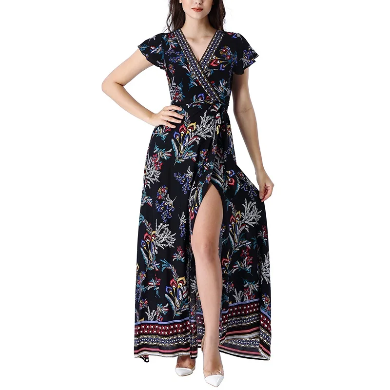 Vfemage Women Petite Sexy Summer Boho Floral Print Ruffle Frill Sleeve Pocket Split Casual Beach Party Wrap Maxi Long Dress 3206