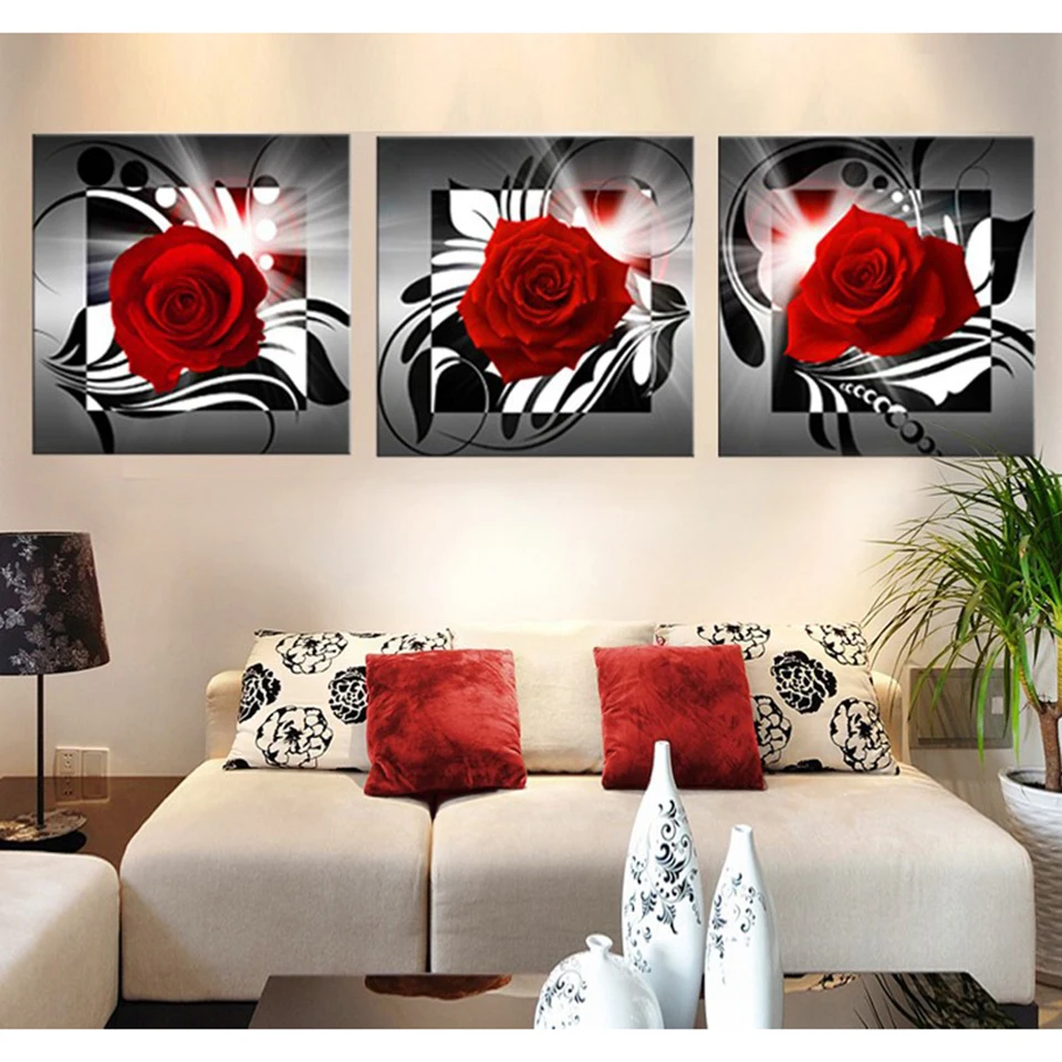 Украшение дома популярный холст современный тип живопись 3 панели Красная роза