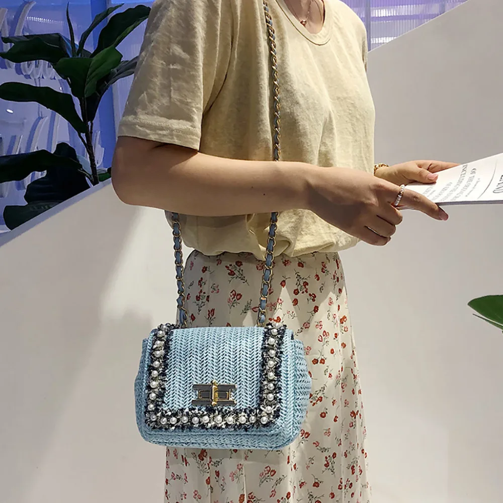 Модная женская сумка однотонная на плечо мессенджер с жемчугом квадратная ремне