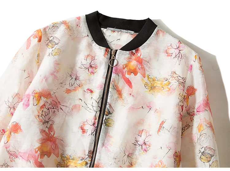 Women Jacket 50%Mulberry Silk 50%Linen Casual Zipper Floral Printed Jackets Fall Winter New Outwear