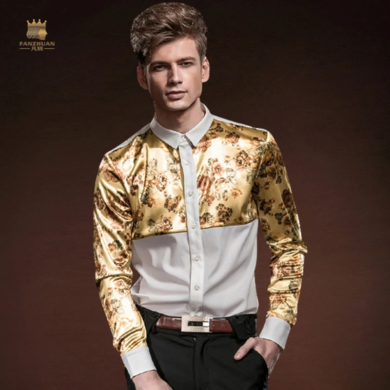 

FANZHUAN brand Free shipping New Men's MALE Shirts Spring Autumn Slim Long Sleeved Mosaic Floral Palace Stitching Shirt 14219