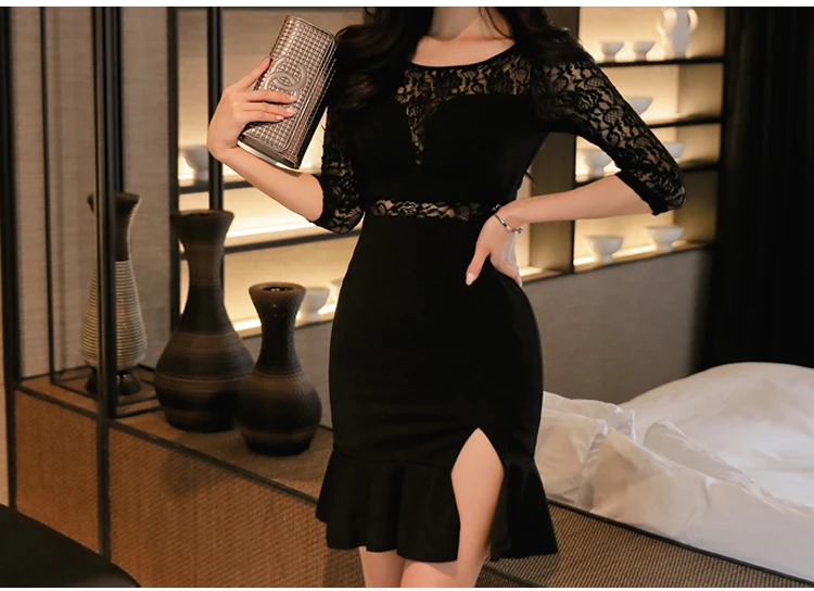 Осень, 3/4 рукав, кружево, пэчворк, облегающее, сексуальное, Vestidos, мини, рыбий хвост, открытое, Клубное платье