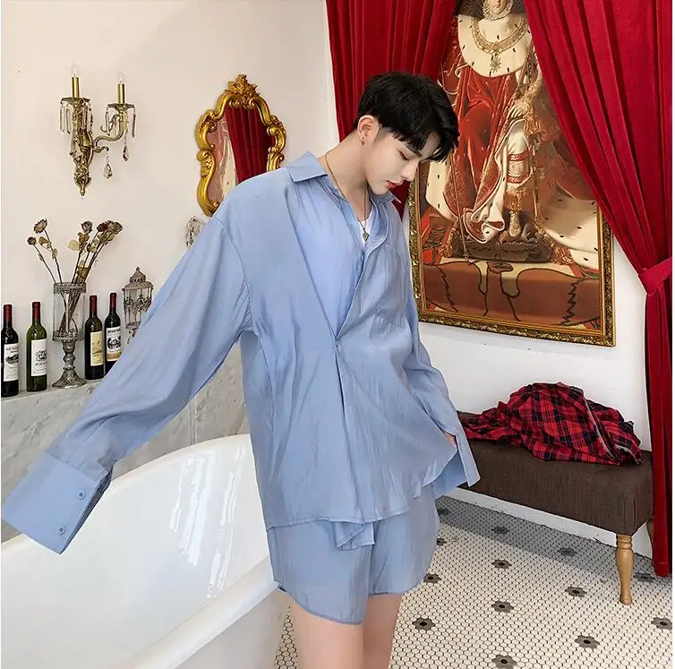 M-XXL! Раннее лето tide модели свободные костюм футболка с шортами tide бренд мужской ремень с длинными рукавами рубашка корейский аромат шикарные горячие брюки