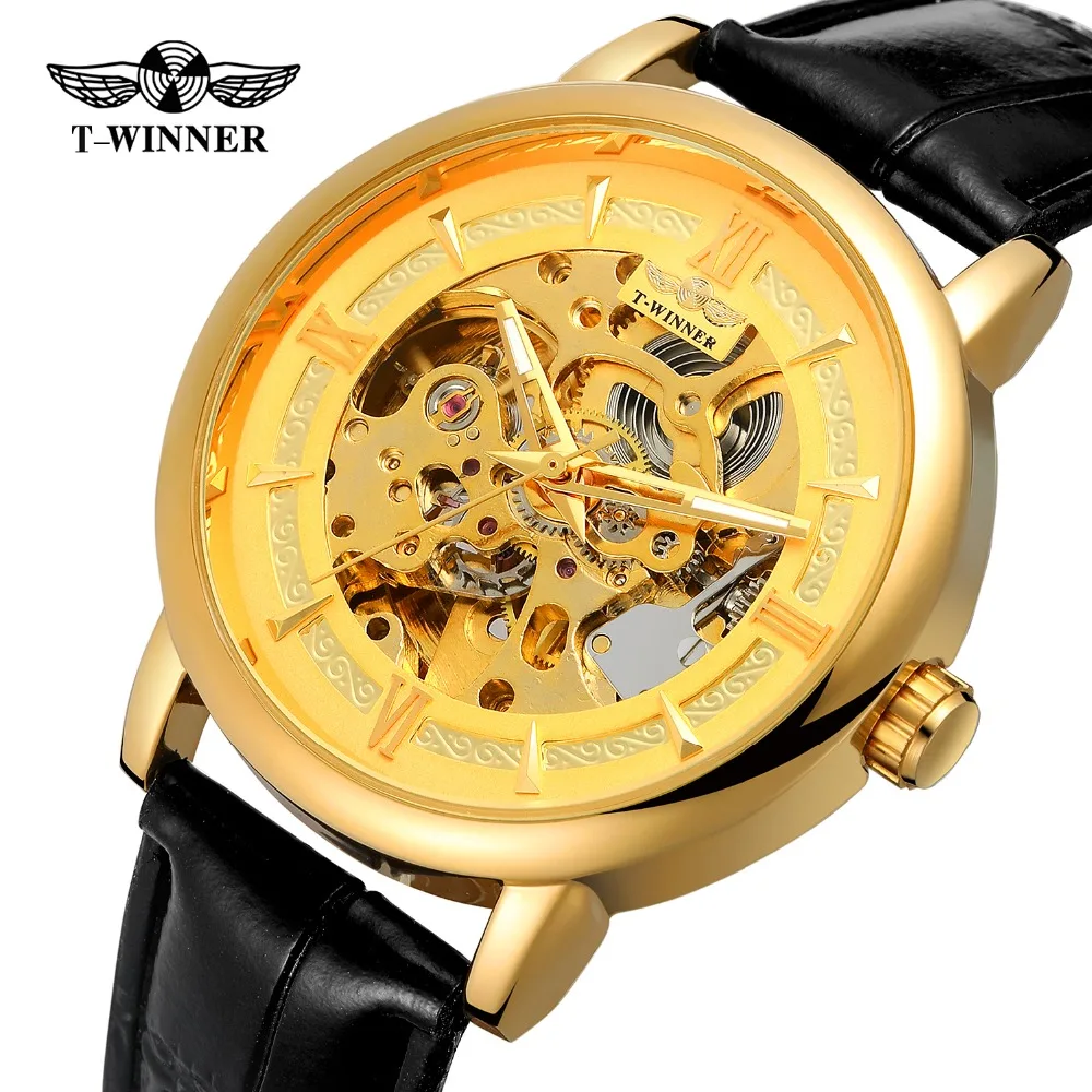 

T-Winner Men's Brand Best Design Skeleton Luxury Automatic Self-winding Movement High End Leather Strap New Wristwatch WRG8173M3