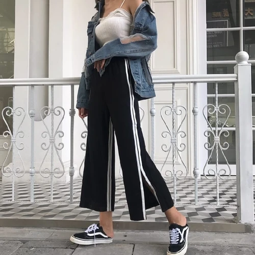 Повседневные штаны Для женщин 2018 элегантный дизайн в полоску сбоку Разделение