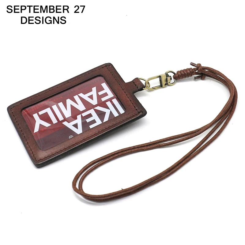 ID Badge Holder For Office Work First Layer Leather Retractable Lanyard Identity Neck Strap Bus Credit Card Holders Mini Wallets