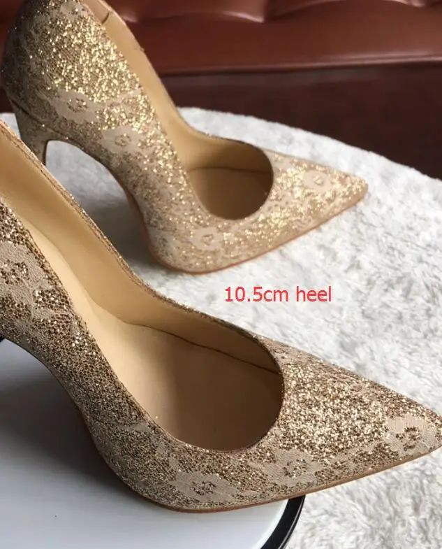 10.5cm Stylesowner/женские блестящие туфли на высоком каблуке, золотистого цвета, 12 см, 10,5 см, на тонком каблуке, с острым носком, женские свадебные туфли с кружевом и блестками, обувь для вечеринок - Цвет: 10.5cm