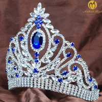 Princess Wedding Bridal Tiara Crown Blue Rhinestone Crystal Headband Veil Miss Pageant Women Hair Jewelry
