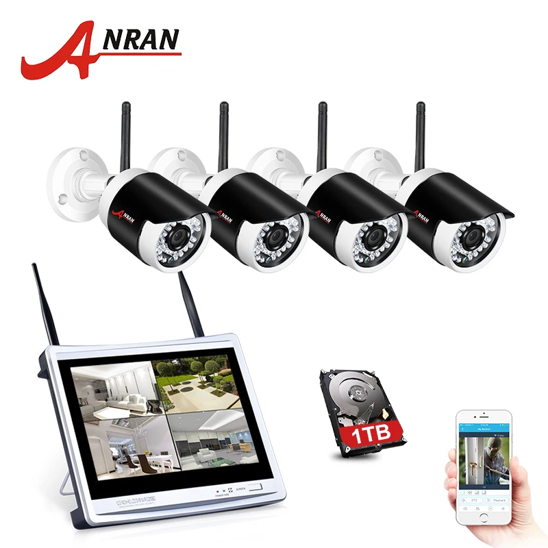 ANRAN P2P 4CH CCTV Wireless NVR Kit 12 Inch Screen 960P HD WIFI Outdoor IP Camera 36 IR Surveilance System HDD Optional |
