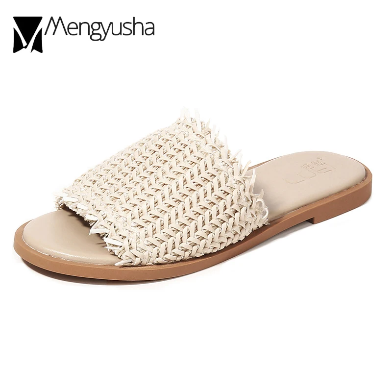 Шлепанцы женские плетеные пляжные сандалии дышащие без застежки шлепанцы на