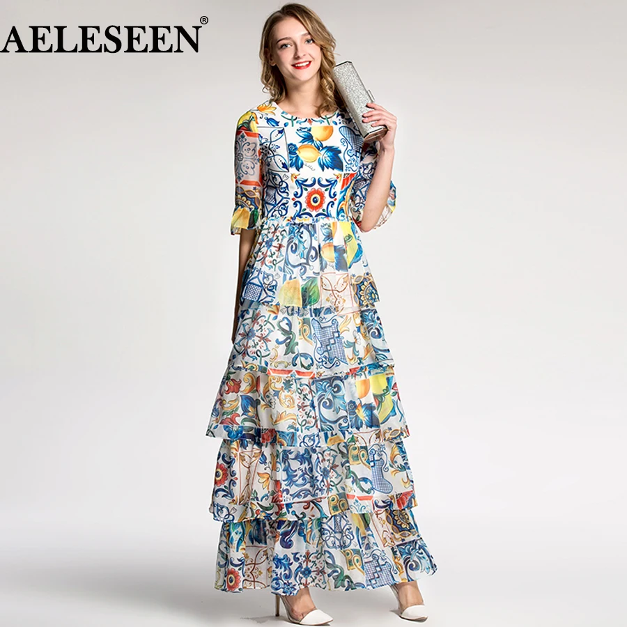 AELESEEN, Осеннее женское длинное платье,, праздничное, роскошное, полурасклешенное, рукав, модное, из кусков, с принтом, фарфоровое, романтичное, подиумное платье