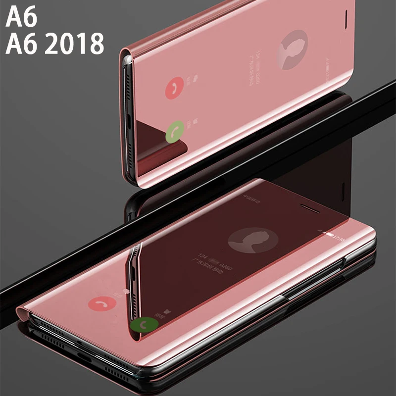 Flip Smart Mirror Phone Cover case For Samsung galaxy A6 Plus 2018 A 6 A6Plus Hard Leather Clear View Rose Gold Back Cases | Мобильные
