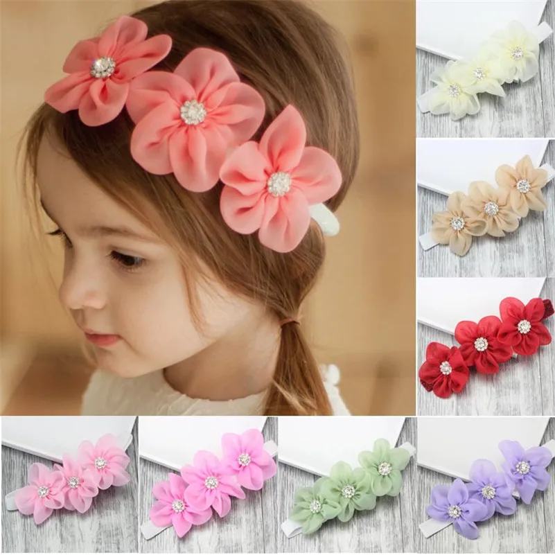 Fashion Girls Ribbon Pearl Diamond Headband Newborn Hairband Sewing 3 Flowers Head Band Kids Hair Accessories For Princess | Детская