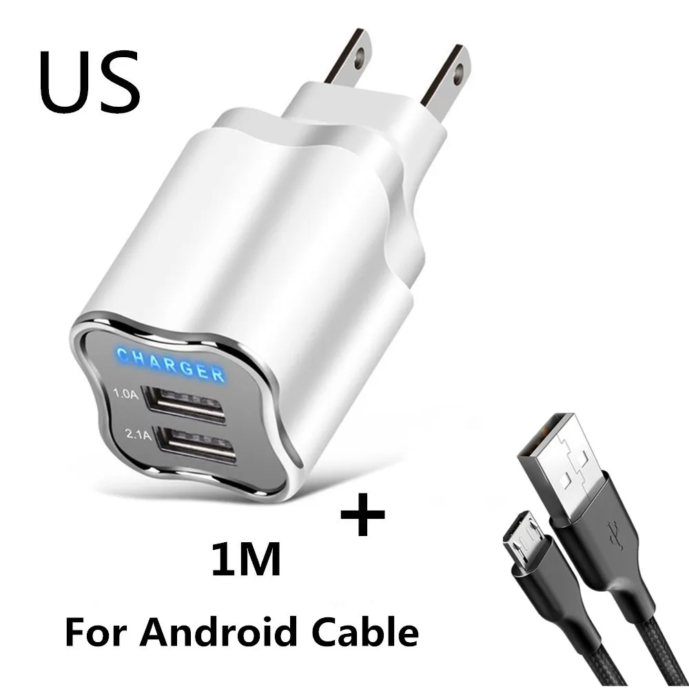 US Micro Cable 5 в 2.1A светодиодный 2 USB зарядное устройство для iPhone 8 7 6 iPad хорошее настенное зарядное устройство EU/US переходник samsung huawei Xiaomi зарядное устройство для мобильного телефона s - Тип штекера: US Micro Cable