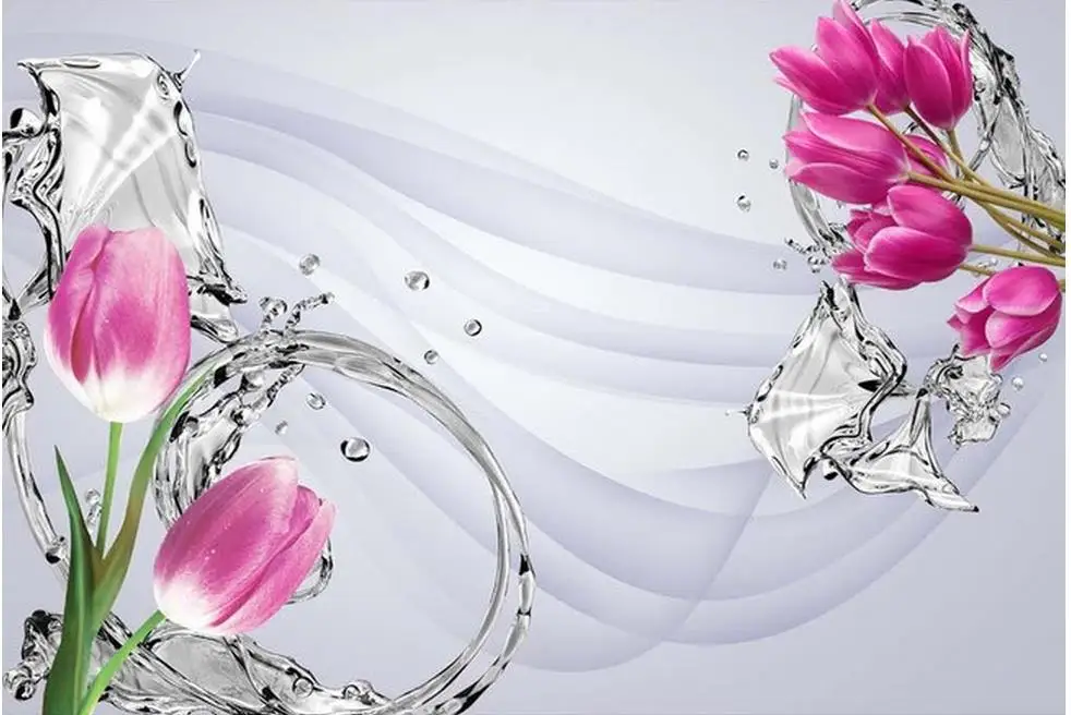 Обои фрески 3d обои цветок воды Розовый тюльпан фон стены объемный с картиной |