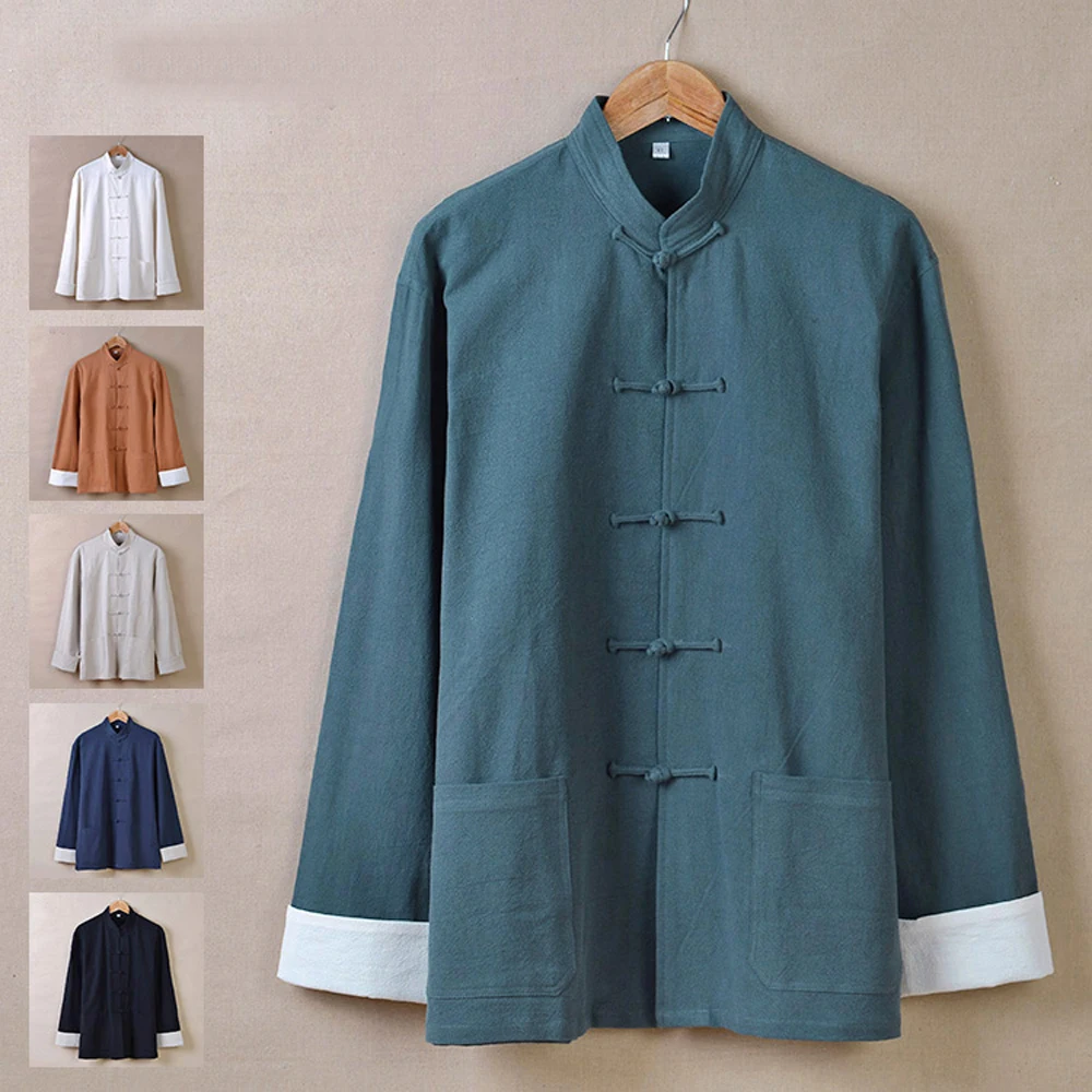 

Top Quality Mens'Spring Autumn Chinese National Tang Suit Shirts Cotton Linen Retro Long Sleeve Kungfu Shirts