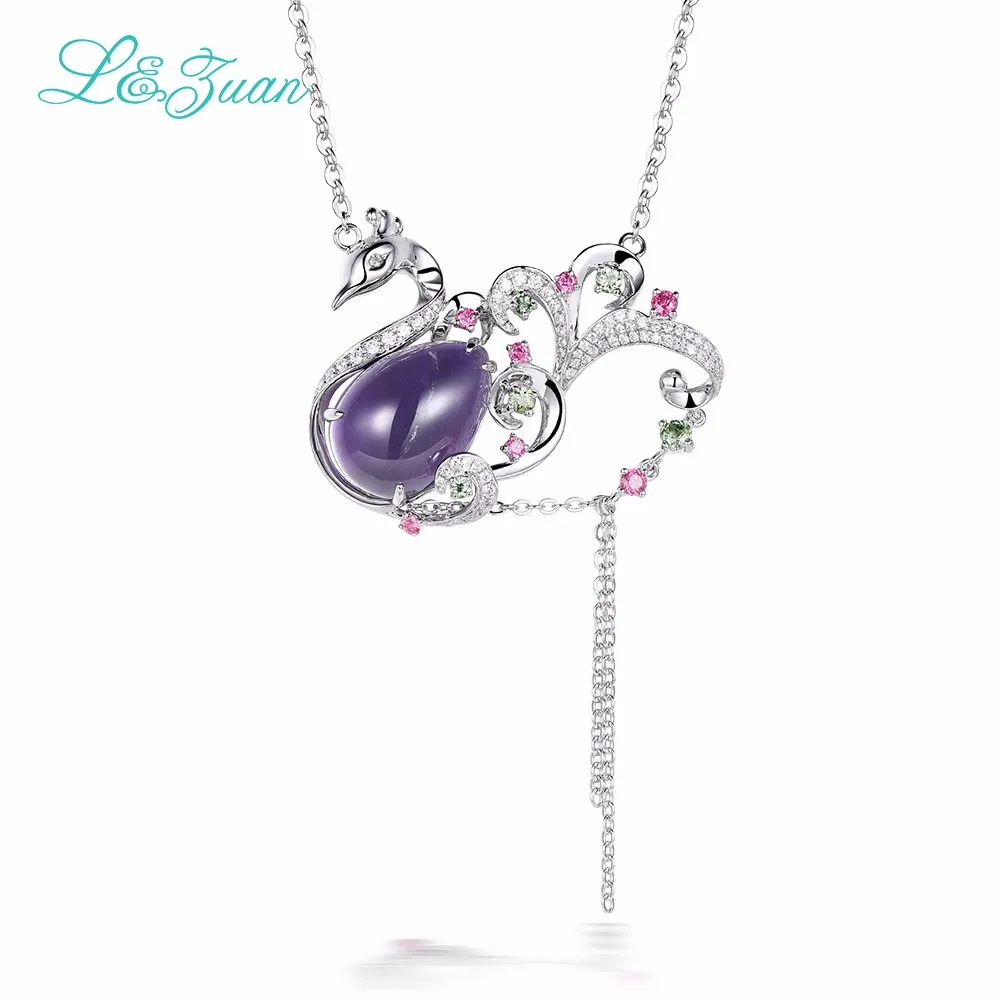 

I&Zuan Peacock Pendant Necklace Women 925 Sterling Silver 11.53ct Gemstone Amethyst Purple Stone Animal Necklace Fine Jewelry