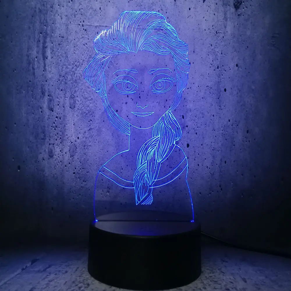 Фигурка 3D USB СВЕТОДИОДНЫЙ светильник Принцесса Эльза-Снежная королева многоцветная смена настроения визуальный RGB настольный ночник подарок длинные волосы красота девушка